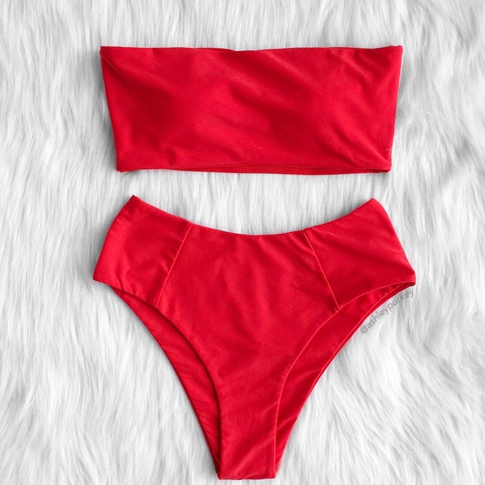 Red high waisted bandeau cheeky bikini set - Picture 1 of 5